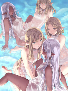5girls aqua_eyes bare_arms barefoot blonde_hair blue_eyes breasts brown_hair closed_eyes closed_mouth commentary_request dark-skinned_female dark_skin elf feet female fingering group_sex highres large_breasts long_hair looking_at_another medium_hair multiple_females multiple_girls naked_towel one-piece_swimsuit open_mouth original partially_submerged pointy_ears purple_eyes purple_hair scissoring see-through small_breasts smile soles sweat swimsuit takekawa_shin toes towel tribadism water wet white_one-piece_swimsuit yuri