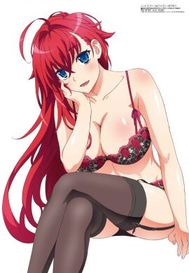 ahoge bare_arms bare_shoulders black_thighhighs blue_eyes blush body_blush bra breasts cleavage collarbone female garter_belt garter_straps hand_on_cheek high_school_dxd huge_breasts image long_hair megami_magazine official_art open_mouth panties red_hair rias_gremory shiny_skin sitting thighhighs thighs underwear