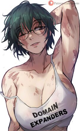 1girls 2024 2d big_breasts breasts burn_scar cleavage collarbone female female_only foonie_xd glasses green-haired_female green_hair jujutsu_kaisen large_breasts nipples_visible_through_clothing nipples_visible_through_shirt one_eye_closed scar scars scars_all_over short-haired_female short_green_hair solo solo_female solo_focus tagme text_on_clothing very_short_hair zenin_maki