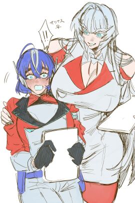 2girls ara_ara belt big_breasts blue_eyes blue_hair blush boob_window breast_window breasts busty clothed clothes clothing coat decepticon female female_only genderswap genderswap_(mtf) huge_breasts humanformers humanized large_breasts larger_female long_hair megatron multiple_females multiple_girls nervous orion_pax po112_g rule_63 short_hair shorter_female skirt smaller_female taller_female thight_clothing transformers transformers_prime white_hair yuri