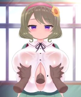 1boy animated bar_censor blush breasts brown_hair censored cleavage dark-skinned_male dark_skin female flower grabbing_another's_breast green_skirt groping hair_flower hair_ornament hairband hinako_note huge_breasts kuroyanagi_ruriko large_areolae nipples no_bra open_clothes open_shirt oppai_loli paizuri perpendicular_paizuri pink_hairband purple_eyes shirt short_hair skirt straight tagme tarankobu unbuttoned unbuttoned_shirt video wet wet_clothes wet_shirt white_shirt