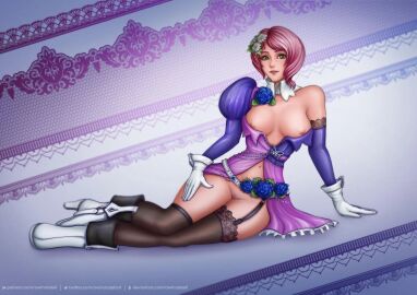 1girls alisa_bosconovitch arm_support artist_name boots breasts dress female female_pubic_hair flower full_body functionally_nude functionally_nude_female gloves green_eyes hi_res high_heels looking_at_viewer medium_breasts medium_hair namco navel nipples open_clothes owlnotatall pink_hair pubic_hair pussy rose sitting solo tekken tekken_blood_vengeance tekken_tag_tournament_2 thighhighs twitter_username url