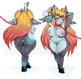 1girls areolae arms_behind_head arms_up ass breasts cinela closed_eyes commission female female_only front_and_back horns imp imp_midna leash long_ears long_hair midna nipples nude nude_female pointy_ears pussy red_hair solo the_legend_of_zelda thick_thighs twilight_princess twin_buns two-tone_hair white_background yellow_hair