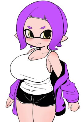 1girls :3 bare_shoulders big_breasts black_shorts blush blushing_at_viewer breasts cleavage curly_hair dolphin_shorts female inkling inkling_girl looking_at_viewer makino_nono purple_hair short_hair shorts solo splatoon splatoon_(series) tank_top tentacle_hair white_background white_shirt yellow_eyes