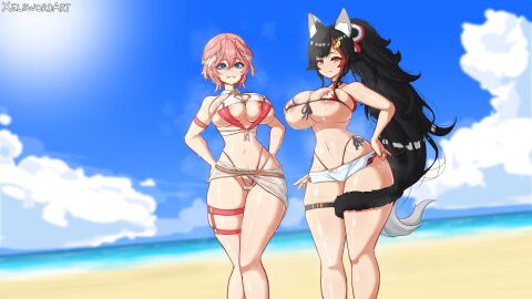 2girls ass beach big_breasts bikini black_hair breasts child_bearing_hips cleavage commentary_request curvaceous curvy curvy_body curvy_female curvy_figure curvy_hips curvy_thighs female female_only hand_on_hip head_wings hololive hololive_gamers hololive_japan holox large_breasts light-skinned_female light_skin long_hair looking_at_viewer micro_bikini multicolored_hair multiple_females multiple_girls ocean ookami_mio outdoors outside pink_hair ponytail sand short_hair smile smiling_at_viewer sweat sweatdrop swimsuit swimwear takane_lui thick_hips thick_thighs thigh_gap thigh_strap virtual_youtuber wide_hips wolf_ears wolf_girl wolf_tail xelsword