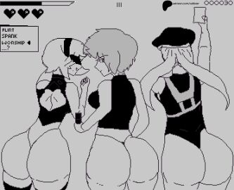 3girls ass ass_focus beret big_ass callister cammy_white crossover female female_only ghost_in_the_shell hat huge_ass kusanagi_motoko large_ass leotard looking_at_viewer multiple_females multiple_girls nier nier:_automata nier_(series) pixel_art street_fighter yorha_2b