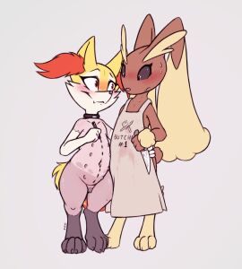 ambiguous_gender animal_genitalia animal_pussy anthro apron apron_only blush bodily_fluids body_writing brai_(slowderpyguy) braixen butcher canine_genitalia canine_pussy clothing digitigrade duo female generation_4_pokemon generation_6_pokemon genital_fluids genitals hi_res knife lopunny marker meat_lines multi_nipple navel nintendo nipples nude paws pleading_eyes pokemon pokemon_(species) pussy shaved_body shaved_pussy simple_background slightly_chubby slowderpyguy sweat sweatdrop teats thick_thighs this_will_end_in_death vaginal_fluids