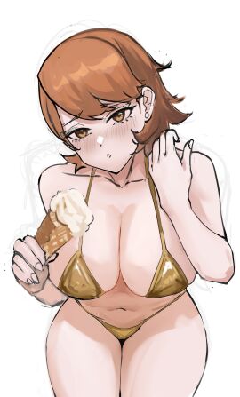 1girls atlus bikini blush breasts brown_hair female flustered golden_bikini hi_res holding_ice_cream holding_object ice_cream large_breasts looking_at_viewer nero_watch persona persona_3 sega swimsuit voluptuous voluptuous_female yukari_takeba