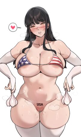 5t_(5t_000) 5t_(artist) absurdres alternate_breast_size_(larger) alternate_costume american_flag american_flag_bikini american_flag_print areola_slip bar_censor bikini black_hair blunt_bangs blush breasts breath bridal_gauntlets censored chainsaw_man cleavage collarbone commentary condom covered_nipples cowboy_shot cross_scar elbow_gloves english_commentary female flag_print flag_print_bikini gloves half-closed_eyes heart highres holding holding_condom large_breasts long_hair looking_at_viewer navel no_panties orange_eyes parted_lips print_bikini pubic_tattoo pussy pussy_juice ringed_eyes scar scar_on_cheek scar_on_face scar_on_nose sidelocks simple_background skindentation smile solo spoken_heart standing steaming_body string_bikini sweat swimsuit tattoo thigh_gap thighhighs used_condom white_background white_gloves white_thighhighs yoru_(chainsaw_man)