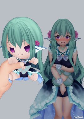 big_breasts embarrassed embarrassed_female finana_ryugu green_hair long_hair looking_away nijisanji nijisanji_en shorts shy sleeveless_shirt sparkle_doll_meme