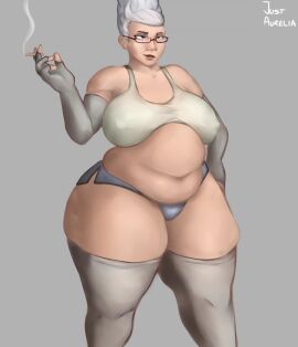 ass ayase_seiko big_ass big_belly big_butt breasts chubby chubby_belly chubby_female dandadan dolphin_shorts female gilf justaurelia shorts smoking stockings thick_thighs thighs