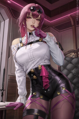 artist_name bare_shoulders black_shorts breasts cg clothing_cutout collared_shirt earrings eyewear_on_head female finger_to_mouth gloves high-waist_shorts honkai:_star_rail indoors jewelry kafka_(honkai:_star_rail) large_breasts lips long_hair long_sleeves looking_at_viewer pantyhose pantyhose_under_shorts parted_lips purple_eyes purple_gloves purple_hair purple_pantyhose round_eyewear sciamano240 shirt short_shorts shorts shoulder_cutout solo sunglasses thighs white_shirt