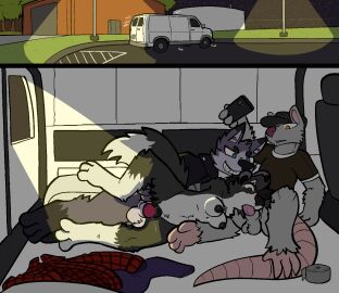 animal_genitalia animal_pussy anthro balls bodily_fluids bondage bound breasts canid canine canine_genitalia canine_pussy canis claws clothing duct_tape electronics erection fellatio female female_penetrated forced_oral fur genital_fluids genitals group hair hand_on_head hand_on_leg hand_on_thigh hi_res in_vehicle male male/female male_penetrating male_penetrating_female mammal medium_truck murid murine nipples nude oral oral_penetration penetration penile penile_penetration penis penis_in_pussy phone pussy rat recording rodent sarah_(wheresmysocks) sex sex_in_car smile tail tape tape_bondage trio trout_(artist) truck_(vehicle) vaginal_penetration van vehicle wolf