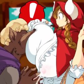 1boy 1boy1girl animated big_bad_wolf breasts_bigger_than_head enormous_breasts female furry hataraki_ari indoors interspecies little_red_riding_hood milk milking no_sound shocked shorter_than_10_seconds sucking sucking_penis tagme video wolf