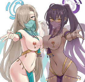2girls absurdres asuna_(blue_archive) black_hair blue_archive blue_eyes blush breast_curtains breasts chocolate_and_vanilla cleaning_&_clearing_(blue_archive) commission dancer dark-skinned_female dark_skin female female_only grin halo harem_outfit highres jtleeklm karin_(blue_archive) large_breasts light_brown_hair loincloth long_hair looking_at_viewer millennium_science_school_student mouth_veil multiple_females multiple_girls navel nipple_piercing nipples pelvic_curtain piercing pixiv_commission revealing_clothes smile thighs useless_clothing veil yellow_eyes