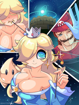 1boy 1girls absurd_res absurdres baby_luma big_breasts blonde blonde_female blonde_hair blue_eyes breasts cleavage crown dress female female_focus hair_over_eyes large_breasts long_hair luma male mario mario_(series) nintendo outdoors panels princess_rosalina sautencrer sky stars super_mario_galaxy tagme wand yellow_hair