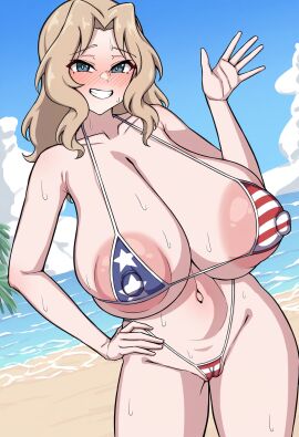 1girls american_flag_bikini areola_slip areolae bikini blonde_hair blue_eyes blush breasts breasts_bigger_than_head breasts_bigger_than_torso bursting_breasts busty cameltoe cleavage erect_nipples_under_clothes female female_only gigantic_breasts gigantic_nipples girls_und_panzer hand_on_hip huge_breasts hyper hyper_breasts hyper_genitalia kay_(girls_und_panzer) light-skinned_female light_skin looking_at_viewer micro_bikini navel nipple_bulge nipples outside pussy smile solo sweat wardrobe_malfunction