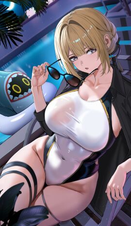 black_jacket black_one-piece_swimsuit blonde_hair breasts collarbone competition_swimsuit covered_navel dutch_angle evelyn_chevalier female gaitoou highleg highleg_one-piece_swimsuit highres holding holding_removed_eyewear jacket jacket_on_shoulders large_breasts looking_at_viewer mole mole_under_eye one-piece_swimsuit open_mouth poolside purple_eyes removing_eyewear sharkboo_(zenless_zone_zero) sidelocks sitting solo sunglasses swimsuit unworn_eyewear white_one-piece_swimsuit zenless_zone_zero