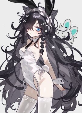 ass_visible_through_thighs bare_arms bare_shoulders belly_button_visible_through_clothing black_hair blue_eyes blush breasts bunny_ears bunny_tail bunnysuit cat_ears cat_girl catgirl cleavage closed_mouth detached_collar ebora epicfest_(the_battle_cats) female garter_belt garter_straps groin hair_over_one_eye kasli_the_scourge leotard light_skin long_hair pale_skin side-tie_leotard small_breasts the_battle_cats thighhighs thighs white_leotard white_thighhighs wrist_cuffs zettai_ryouiki