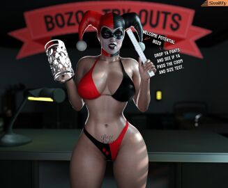 1girls 3d batman:_arkham_knight batman_(series) big_breasts bikini bozo_pubic_tattoo breasts dc dc_comics dialogue female female_only harley_quinn harley_quinn_(classic) harley_quinn_(injustice) high_resolution highres injustice_2 male measuring_penis measuring_tape pelvic_tattoo penis pubic_tattoo smitty34 solo text thick_thighs wide_hips