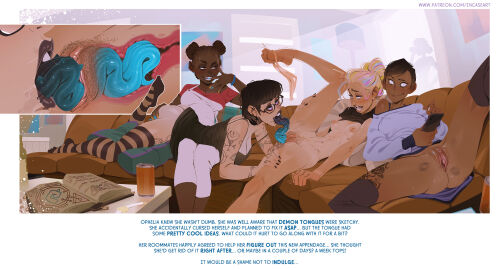 4girls ass black_lips blue_tongue body_freckles colored_tongue comic comic_page comic_panel commentary couch cunnilingus dark-skinned_female dark_skin deep_cunnilingus demon demon_girl english_commentary english_text female female_pubic_hair freckles glasses goth_fashion grabbing_another's_ass groping highres incase lipstick_mark lipstick_mark_on_leg lipstick_mark_on_pussy long_tongue multicolored_hair multiple_females multiple_girls on_couch oral original panty_dangle prehensile_tongue pubic_hair pussy smile spread_legs tongue very_long_tongue yuri