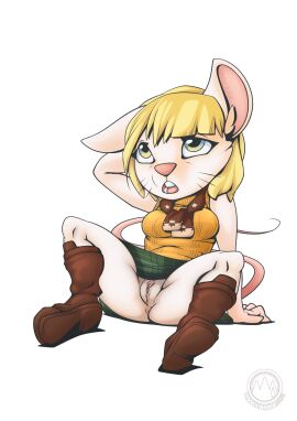 absurd_res alternate_species anthro anus ashley_graham boots bottomwear capcom clothed clothing female genitals hi_res mammal mouse moushley murid murine mysticalpha no_panties pussy resident_evil rodent simple_background skirt sleeveless_sweater solo upskirt white_background