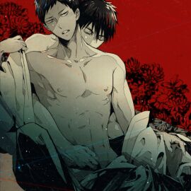 2boys aomine_daiki blush chest daiki_aomine kagami_taiga kuroko's_basketball kuroko_no_basuke male male/male male_focus sitting_behind_person taiga_kagami yaoi