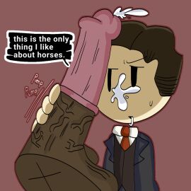 1boy 1horse art_request balls black_suit blowjob_face brown_hair cum_in_mouth cum_on_face cumshot cyclone123 extra_credits extra_history gay heavy_balls henry_ford history holding_penis horse horse_penis horseballs horsecock light-skinned_male light_skin male penis public_domain youtube zoophilia