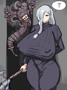 axe braid braided_hair braided_ponytail censored censored_penis clothed clothed_female confused curses_(jujutsu_kaisen) female huge_cock jujutsu_kaisen large_cock large_penis male mei_mei_(jujutsu_kaisen) monster monster_cock nightmare_fuel nipples nipples_visible_through_clothing penis question_mark sneaking spoken_question_mark unaware weapon white_hair xipa