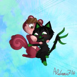 1boy 1girls alegwen714 animal_crossing cat_boy catboy cuddling cute feline female kitten male oc ocs original original_character original_characters squirrel squirrel_girl