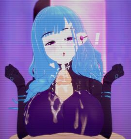 1boy 1girls big_breasts blue_hair blush breasts cum cum_on_breasts female hands-free_paizuri kira_miki koikatsu large_breasts light-skinned_female light-skinned_male light_skin long_hair male motion_lines open_mouth paizuri pale-skinned_female pale_skin pov spiritofrei surprise surprised surprised_expression tagme text va-11_hall-a