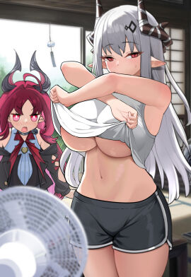 2girls absurdres alternate_costume antenna_hair arknights arm_cutout bare_shoulders black_dress blush breasts bright_pupils clothes_lift clothing_cutout commentary_request dishui_tangni dolphin_shorts dress electric_fan half-closed_eyes highres horns indoors jitome lifting_own_clothes long_hair looking_at_viewer midriff mudrock_(arknights) multiple_girls navel no_bra nymph_(arknights) open_mouth pink_eyes pink_hair pointy_ears red_eyes shirt shirt_lift shorts shy sleeveless sleeveless_shirt thighs underboob white_hair white_shirt