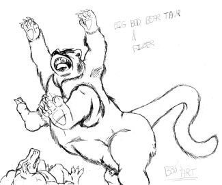 animal_genitalia anthro bear belly big_bad_bear bigbadbear character_name claws dragon duo feet fur genitals long_tail lying male male/male mammal mammal_taur mythological_creature mythological_scalie mythology on_back on_ground open_mouth scalie sheath simple_background size_difference tail taur teeth text tongue tongue_in_mouth ursid_taur white_background