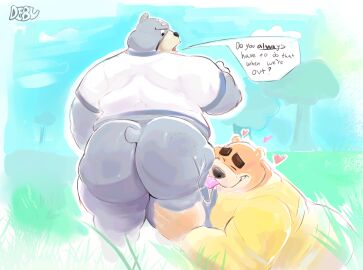 2boys animal_crossing anthro anthro_focus anthro_only artist_name artist_signature asking_a_question ass ass_lick bandage bear big_ass big_butt bite_mark black_nose black_text blush bodily_fluids brown_body brown_eyebrows brown_skin butt_lick chubby chubby_anthro chubby_male clouds curt_(animal_crossing) debudraws dialogue digital_media_(artwork) duo frown gay grabbing_leg grabbing_thigh grass grey_body grey_skin grey_tail heart hearts hearts_around_head leg_grab licking licking_ass licking_butt looking_at_another looking_at_partner looking_back male male/male male_focus male_only mammal nintendo obese obese_anthro obese_male outside overweight rubbing saliva saliva_on_tongue saliva_string shirt speech_bubble sweat sweatdrop sweating sweaty sweaty_ass sweaty_butt tail teddy_(animal_crossing) text thick_thighs thigh_grab tongue tongue_out tree ursid ursine white_shirt yellow_shirt
