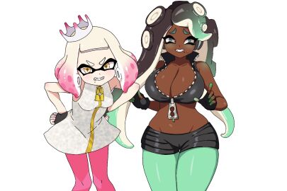 2girls bare_shoulders big_breasts blush breasts brown_hair cleavage clenched_teeth cropped_jacket crown dark-skinned_female dark_skin feet_out_of_frame female fingerless_gloves gradient_hair green_blush green_eyes green_hair green_legwear hands_on_hips inkling inkling_girl jacket large_breasts leaning_forward light-skinned_female light_skin long_hair marina_(splatoon) medium_breasts medium_hair midriff mole mole_under_mouth nervous nervous_smile nintendo octoling octoling_girl off_the_hook_(splatoon) pearl_(splatoon) pink_hair pink_legwear revision shorts simple_background sleeveless small_breasts splatoon splatoon_2 splatoon_3 sweatdrop tentacle_hair two-tone_hair unepicroachy unzipped white_background white_hair wide_hips wip yellow_eyes zipper