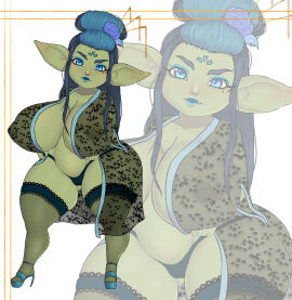 1girls 2023 big_breasts blue_eyes blue_eyeshadow blue_hair blue_lipstick breasts commission female female_only flower_in_hair freckles geisha geisha_gob_(darkscar) goblin goblin_female gothvalyred green_skin hair_ornament heels hi_res long_hair looking_at_viewer mole mole_under_eye nipples nipples_visible_through_clothing panties partially_clothed pointy_ears see-through see-through_clothing shortstack slightly_chubby smiling smiling_at_viewer solo stockings thick_thighs tied_hair two-tone_hair