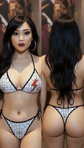 3d ai ai_assisted ai_generated asian asian_female ass ass_jiggle bikini black_hair breasts cindy_moon cleavage g_string gstring hoop_earrings jiggle jiggle_physics korean korean_female lipgloss marvel midriff rattoilet seaart.ai silk_(marvel) smile smiling_at_viewer spiderverse thong thong_bikini