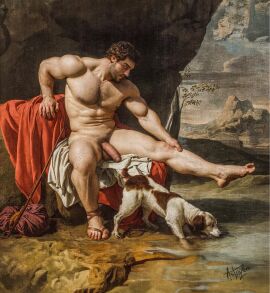 1boy astra_zero balls big_balls big_penis foreskin gay greek greek_mythology historical history male male/male male_only muscles muscular muscular_male mythology painting penis philoctete solo_male uncircumcised yaoi