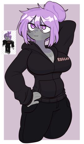 1girls bettybloxxer big_breasts black_clothing black_hoodie black_pants black_sleeves blush breasts cleavage clothed clothed_female clothing eyebrows_visible_through_hair female female_only fully_clothed grey_body grey_skin guest_(roblox) hair hair_bun hand_behind_head hand_on_hip hoodie lavender_hair long_sleeves pants penismaster48 pink_hair purple_eyes reference_image roblox robloxian simple_background sleeves smile smug solo standing tanline text_on_clothing thick_thighs thighs