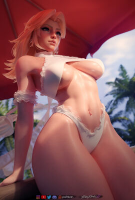 3d belly_button bikini blonde_hair blue_eyes breasts clothed clothed_female fantastic_four female forceballfx large_breasts marvel marvel_comics marvel_rivals outdoors sue_storm swimsuit thighs tummy umbrella