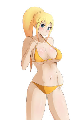 1girls aqua_eyes big_breasts bikini blonde_hair breasts busty cleavage darkness_(konosuba) female female_only highres kono_subarashii_sekai_ni_shukufuku_wo! large_breasts legs long_hair looking_at_viewer navel ponytail pose posing pulling_own_clothes sideboob smile solo swimsuit teasing thighs underboob voluptuous yellow_bikini