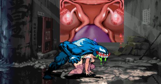 1boy 1girls alien animated capcom clothed clothed_sex crossover darkstalkers demon doggy_style eastern_and_western_character eddie_brock female green_hair internal internal_view m.u.g.e.n male marvel marvel_comics marvel_vs._capcom morrigan_aensland outdoors public public_sex size_difference spider-man_(series) sprite succubus venom_(marvel)