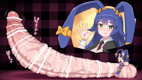 1futa balls balls_bigger_than_breasts balls_bigger_than_head balls_bigger_than_torso big_ass breasts bunny_ears censored colossal_penis erection female futa_only futanari huge_cock hyper hyper_balls hyper_breasts hyper_penis intersex knyk_chan looking_at_viewer penis penis_bigger_than_body penis_longer_than_knee sitting_on_balls solo_futa tagme tongue waving waving_at_viewer