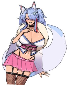 1girls animal_ears bimbo blue_hair collar female female_only fishnets fluffy_tail fox_ears fur_lined_clothing gyaru kemonomimi kuromaru_(original_character) kurowanjjyang revealing_clothes short_skirt skirt snowflake_hair_ornament tagme tail twintails