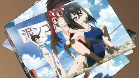 10s 3girls ass barefoot bikini black_eyes black_hair blue_one-piece_swimsuit blue_sky breasts brown_eyes brown_hair catfight clenched_teeth defeat female fighting girls_und_panzer grabbing_from_behind grin happy high_ponytail highres kadotani_anzu kawashima_momo koyama_yuzu large_breasts long_hair looking_at_another lying mask medium_breasts mud mud_wrestling multiple_females multiple_girls naughty_face navel one-piece_swimsuit photo_(object) ponytail red_eyes red_hair red_one-piece_swimsuit referee screencap short_hair sitting sitting_on_person sky smile striped_bikini striped_clothes swimsuit teeth trapped twintails wide_hips wrestling wrestling_mask wrestling_ring