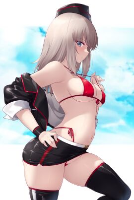 1girls big_breasts bikini bikini_bottom bikini_top blue_eyes blue_eyes_female blush breasts clouds female female_focus female_only garrison_cap girls_und_panzer grey_hair hat itsumi_erika kuromorimine_military_uniform kuzuryuu_kennosuke light-skinned_female light_skin looking_at_viewer medium_hair micro_bikini military_hat military_uniform miniskirt open_jacket red_bikini red_bikini_bottom red_bikini_top schoolgirl skirt sky small_skirt sole_female standing thighhighs thong thong_bikini white_hair white_hair_female