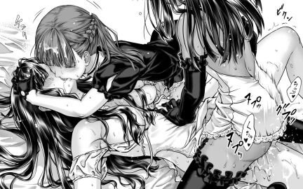 3girls blush braid breasts breasts_out closed_eyes commentary_request dark-skinned_female dark_skin dress elbow_gloves female fff_threesome french_braid french_kiss gloves greyscale group_sex hand_on_another's_head hand_on_another's_stomach heart highres interracial interracial_yuri kissing long_hair medium_breasts monochrome motion_blur motion_lines multiple_females multiple_girls original pussy pussy_juice saliva short_sleeves sweat takekawa_shin thighhighs threesome translation_request tribadism yuri