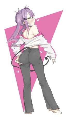 1girls ass ass_focus ass_grab bangs barefoot behind_view black_choker black_hair_ornament black_legwear black_pants blunt_bangs choker clothed clothing demon demon_girl demon_tail devil_tail ear_piercing earrings feet female flare_pants from_behind from_behind_angle full_body fully_clothed hair_accessory hair_ornament hairclip hairclips heart hearts holoforce hololive hololive_japan jacket leebongchun legwear locks long_hair long_sleeves looking_at_viewer looking_back nail_polish off_shoulder painted_nails painted_toenails pink_hair purple_hair purple_nail_polish purple_nails sleeves_past_wrists solo streaked_hair striped_clothing striped_jacket succubus succubus_tail tail toenail_polish tokoyami_towa track_jacket twintails twintails_(hairstyle) two-tone_hair virtual_youtuber white_jacket yellow_eyes