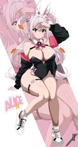1girls alice_(nikke) blush breasts bunny_ears bunnysuit cleavage female female_only goddess_of_victory:_nikke pink_eyes simple_background sitting thick_thighs twintails white_hair wide_hips