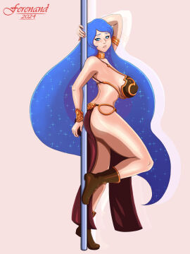 belly_dancer belly_dancer_outfit blue_hair boots breasts collar female female_only harem_girl harem_outfit huge_breasts loincloth long_hair metal_collar original original_character pole pole_dancing revealing_clothes rururere skimpy_clothes slave slave_bikini slave_collar slave_girl slave_leia_(cosplay) slave_outfit stripper_pole voluptuous